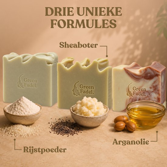 Drie zepen: rijstpoeder, sheaboter en arganolie, met bijbehorende ingrediënten.