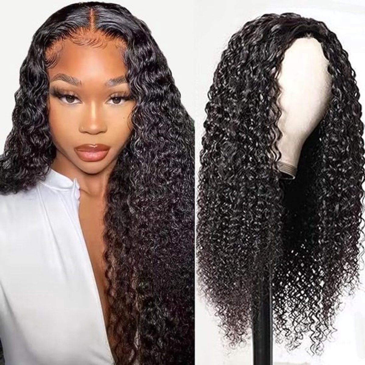 Kinky Curly Lace Front Human Hair Wig 34 Inch - Glueless, Pre-Plucked, Natural Black