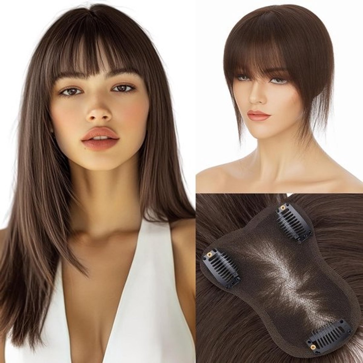 Donkerbruin Haarstuk met Clips voor Dames - Echt Menselijk Haar Topper met Pony