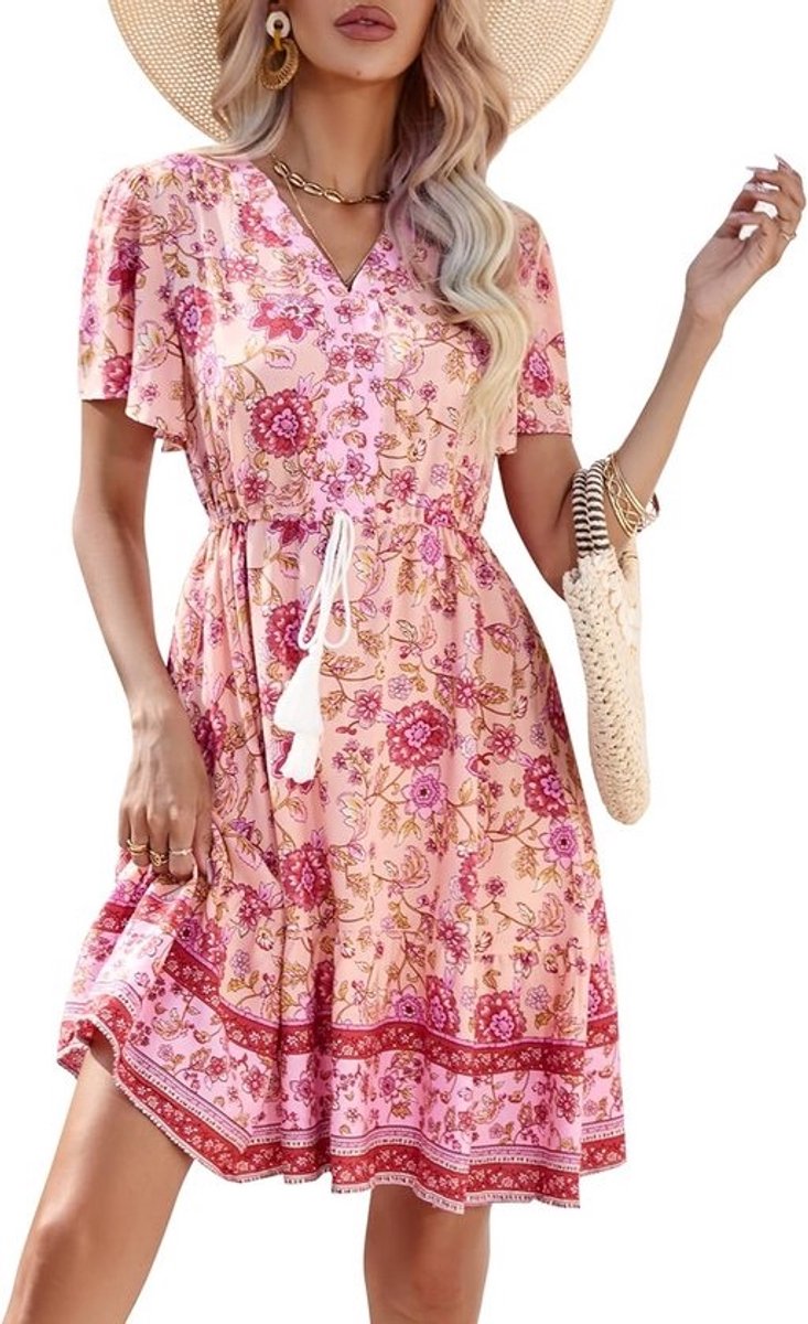 Boho Zomerjurk Dames Korte Mouwen V-Hals Mini Jurk