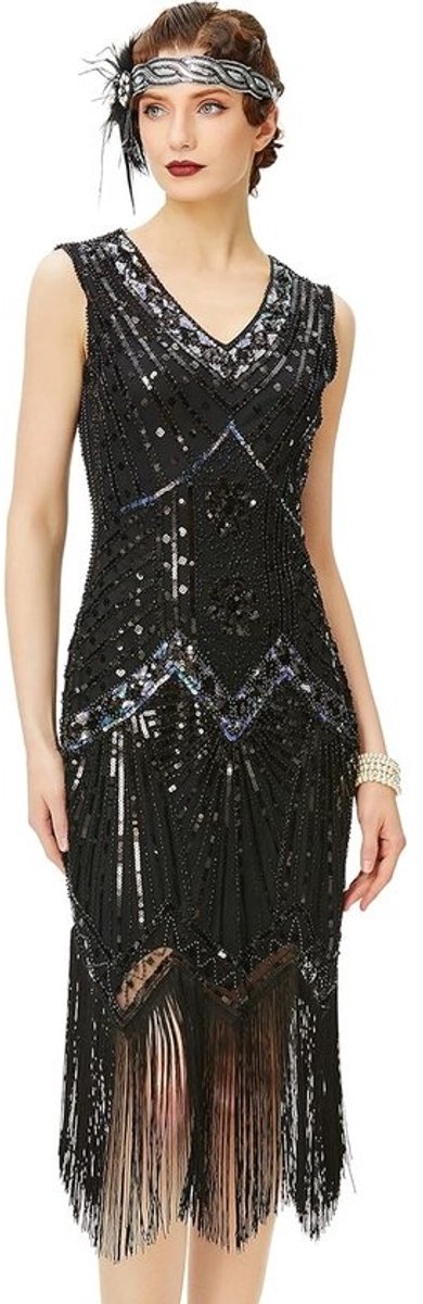 Flapper Jurk Jaren 1920 V-hals met Kralen en Franjes voor Themafeesten