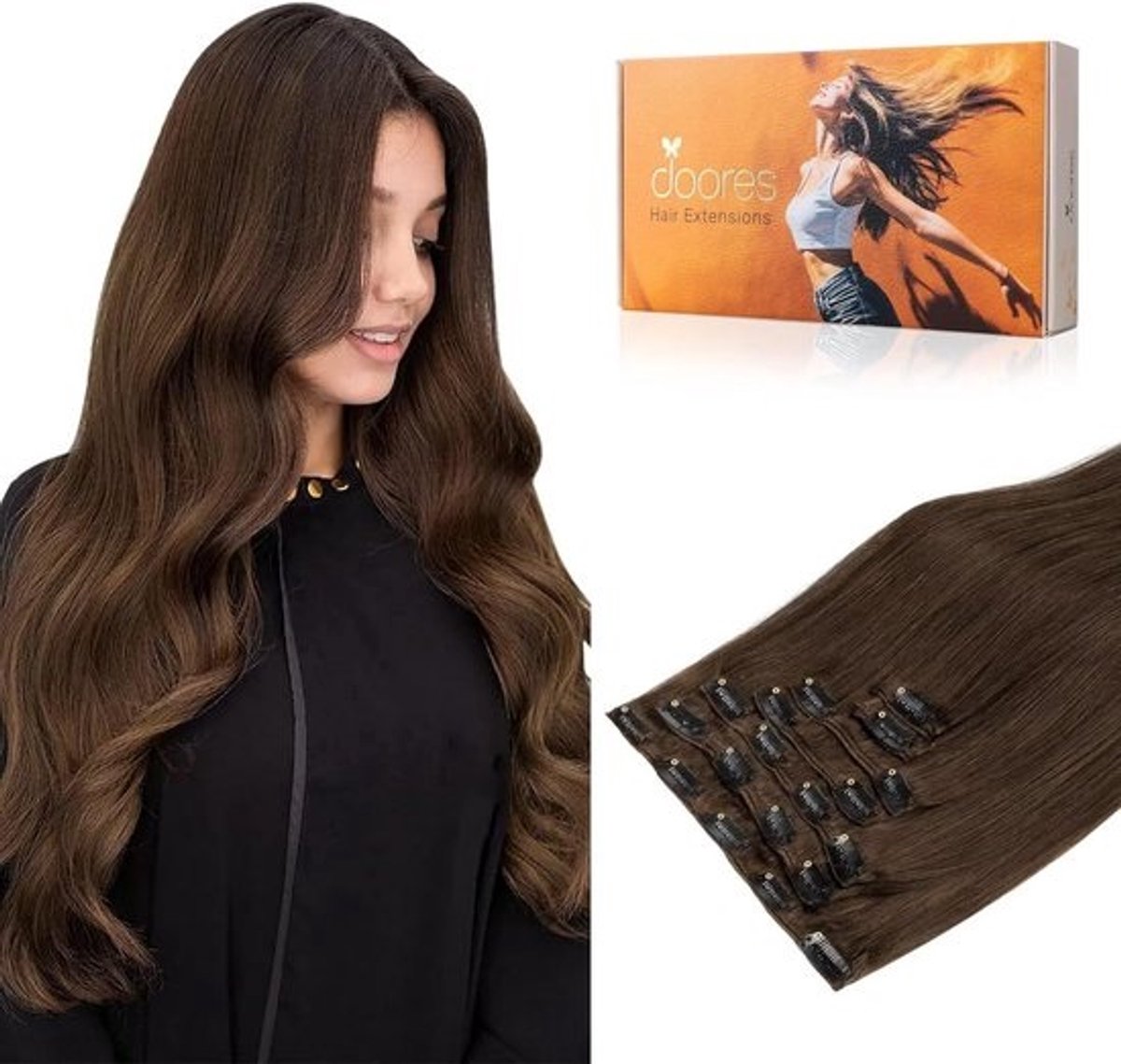 Echt Haar Clip-In Extensions 7 Delen Chocoladebruin Dik Natuurlijk Volume