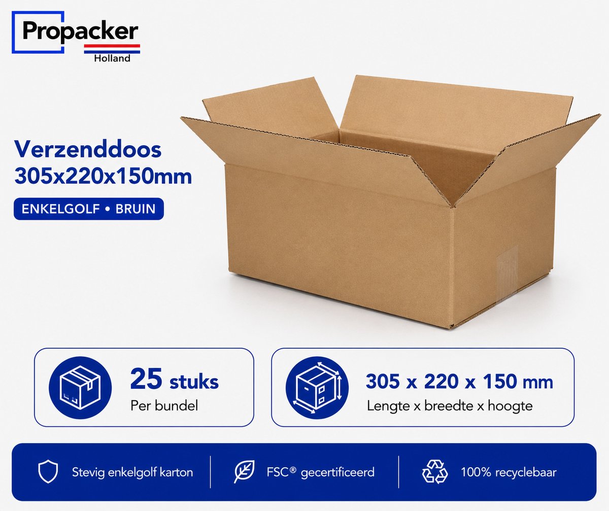 Verzenddoos 305 x 220 x 150 mm – Enkelgolf Karton – FEFCO 0201 – Bruin – 25 Stuks - Propacker