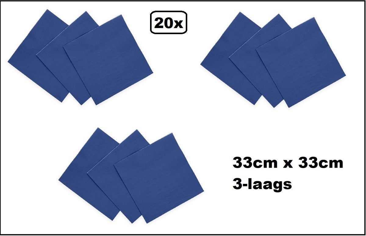 20 stuks Servetten blauw 33cm x 33cm - 3 laags - Cocktail servet diner eten knoeien restaurant BBQ thema feest verjaardag feest