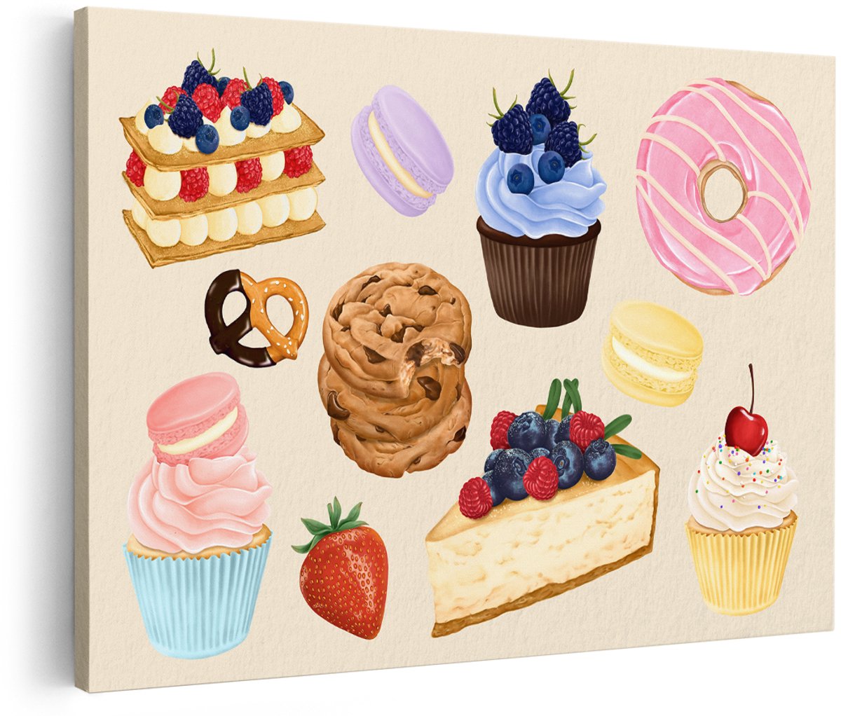 Artaza Canvas Schilderij Zoete Lekkernijen - 150x100 cm - Groot - Wanddecoratie Gebak - Muurdecoratie Keuken - Decoratie Cupcakes En Macarons