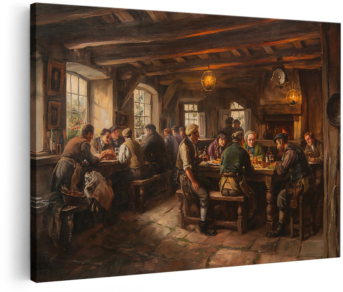 Artaza Canvas Schilderij Herberg Tafereel - 150x100 cm - Groot - Wanddecoratie Klassieke Schilderijen - Muurdecoratie Rustiek Interieur - Decoratie Woonkamer