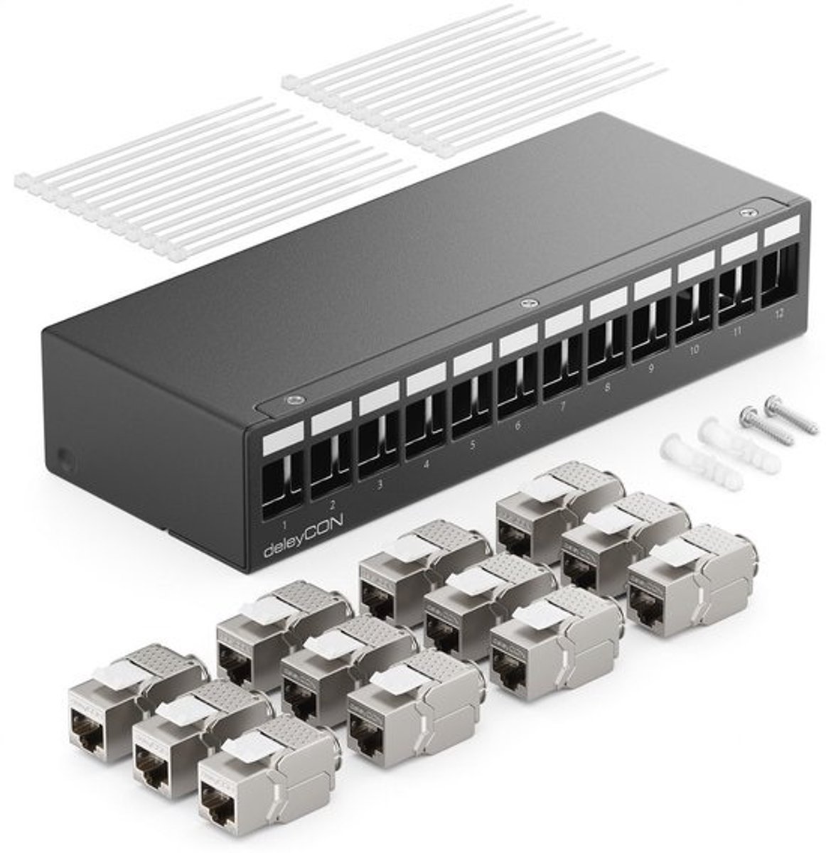 12-Poorts Patchpaneel met RJ45 Keystone Jacks - Zwart - Geschikt voor CAT5, CAT6, CAT6a, CAT7 Netwerkkabels