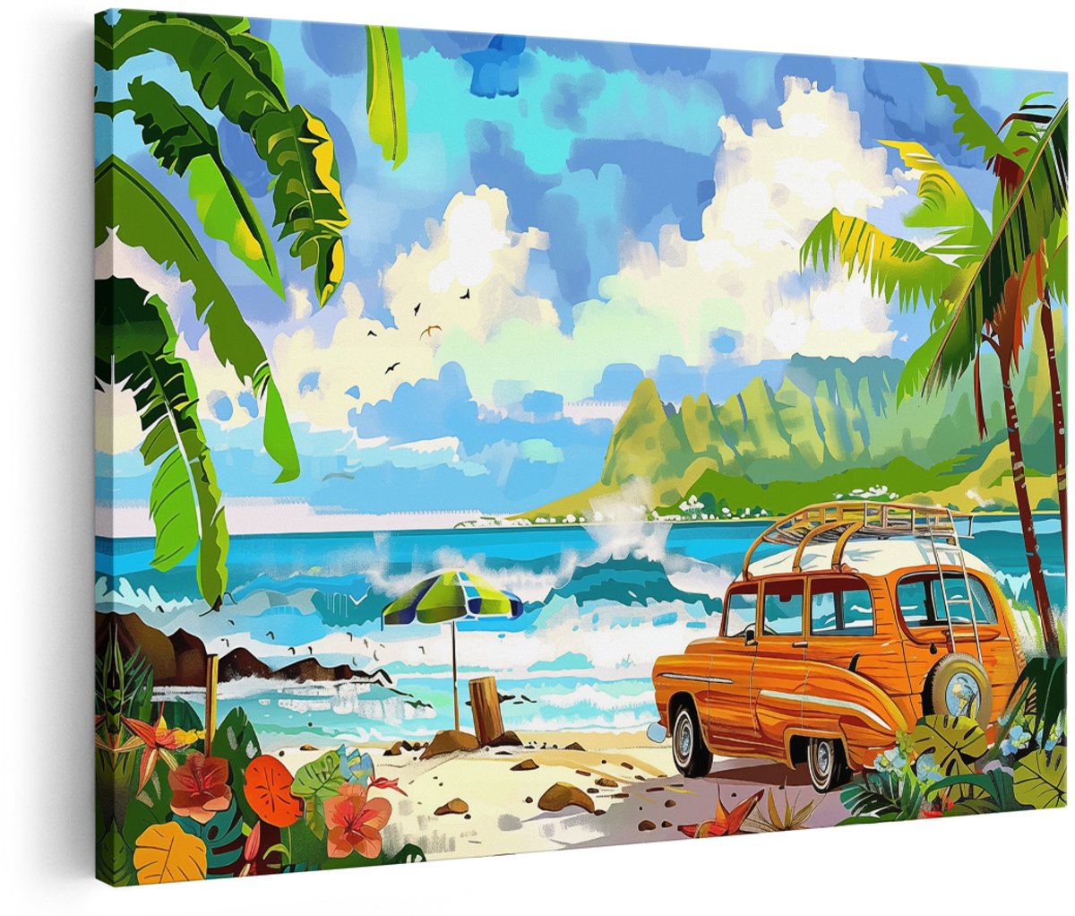 Artaza Canvas Schilderij Oranje Busje op het Strand - Landschap - 150x100 cm - Groot - Wanddecoratie Woonkamer - Schilderijen - Muurdecoratie
