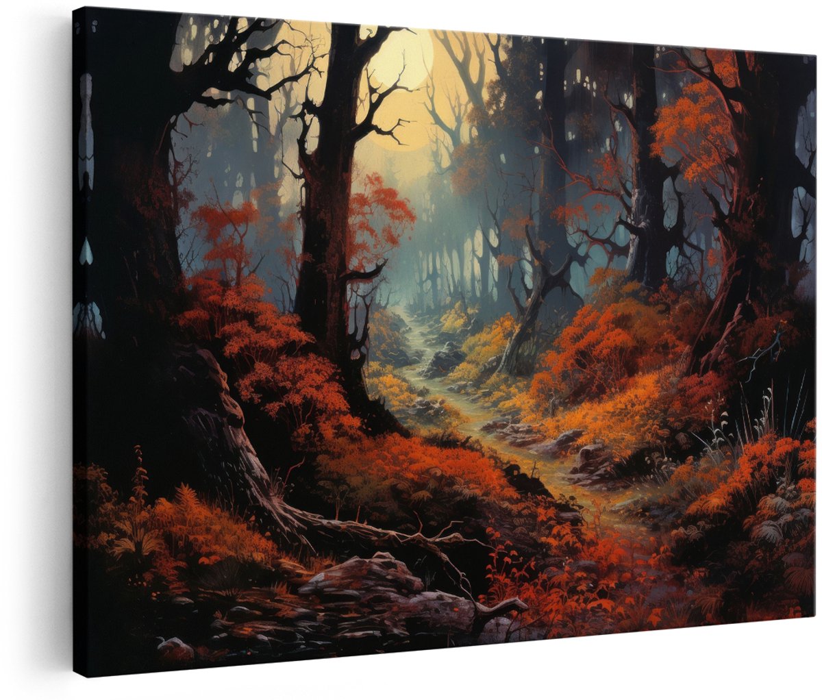 Artaza Canvas Schilderij Herfstbos - 150x100 cm - Groot - Wanddecoratie Natuur - Muurdecoratie Mystiek Landschap - Decoratie Bomen Pad - Schilderijen Op Canvas
