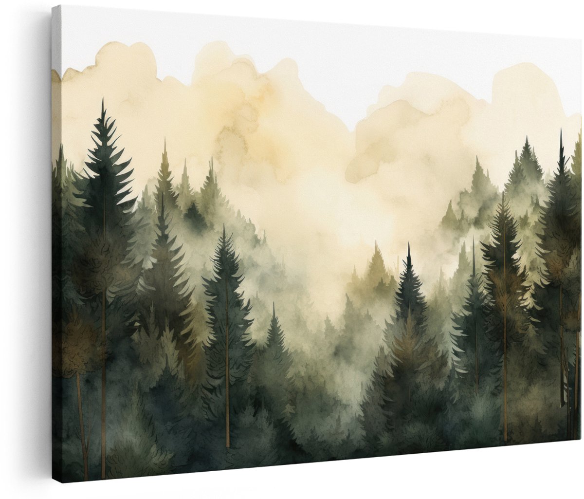 Artaza Canvas Schilderij Bos - 150x100 cm - Groot - Wanddecoratie Mistig Landschap - Muurdecoratie Natuur Aquarel - Decoratie Dennenbomen Woonkamer