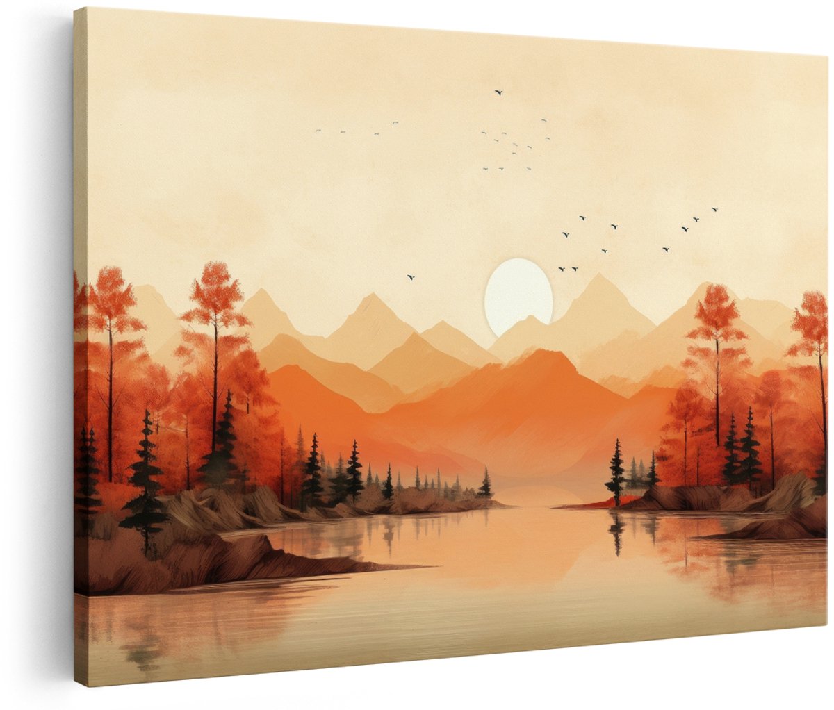 Artaza Canvas Schilderij Berglandschap - 150x100 cm - Groot - Wanddecoratie Natuur - Muurdecoratie Herfstbomen - Decoratie Rivier Zonsopgang