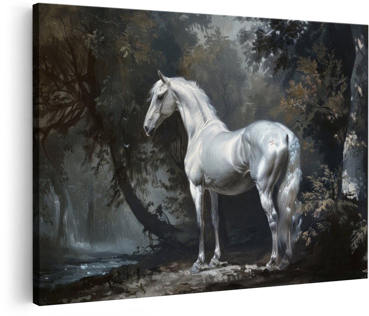 Artaza Canvas Schilderij Wit Paard - 150x100 cm - Groot - Wanddecoratie Mystiek Bos - Muurdecoratie Dieren - Decoratie Natuur Schilderij