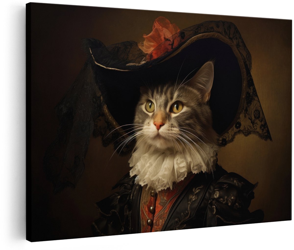 Artaza Canvas Schilderij Kat - 150x100 cm - Groot - Wanddecoratie Vintage Portret - Muurdecoratie Rembrandt Stijl - Decoratie Dieren Schilderij