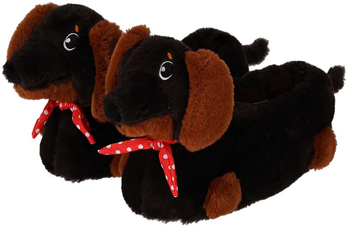 Sloffen dieren - Teckel - Maat 37-38 - Pantoffels - Sloffen dames - Sloffen - Pantoffels dieren - donker