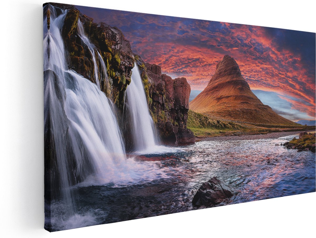 Artaza Canvas Schilderij Waterval Bij Een berg - 140x70 cm - Groot - Wanddecoratie Woonkamer - Schilderijen - Muurdecoratie
