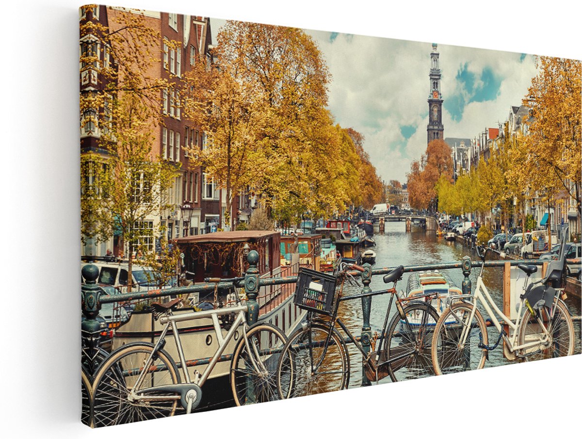 Artaza Canvas Schilderij Amsterdamse Brug Bij Een Brug Met Fietsen - 140x70 cm - Groot - Wanddecoratie Woonkamer - Schilderijen - Muurdecoratie