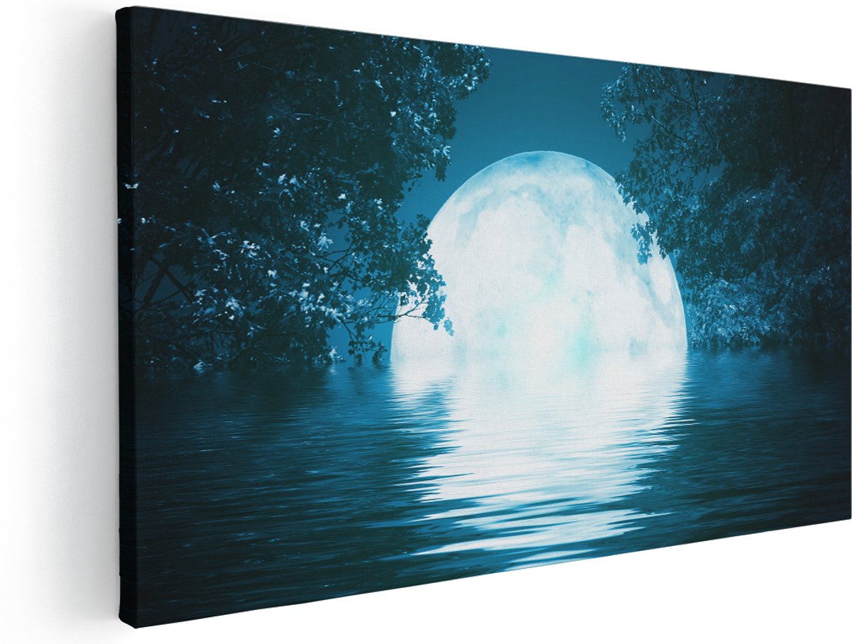 Artaza Canvas Schilderij Volle Maan in het Water - 140x70 cm - Groot - Wanddecoratie Woonkamer - Schilderijen - Muurdecoratie