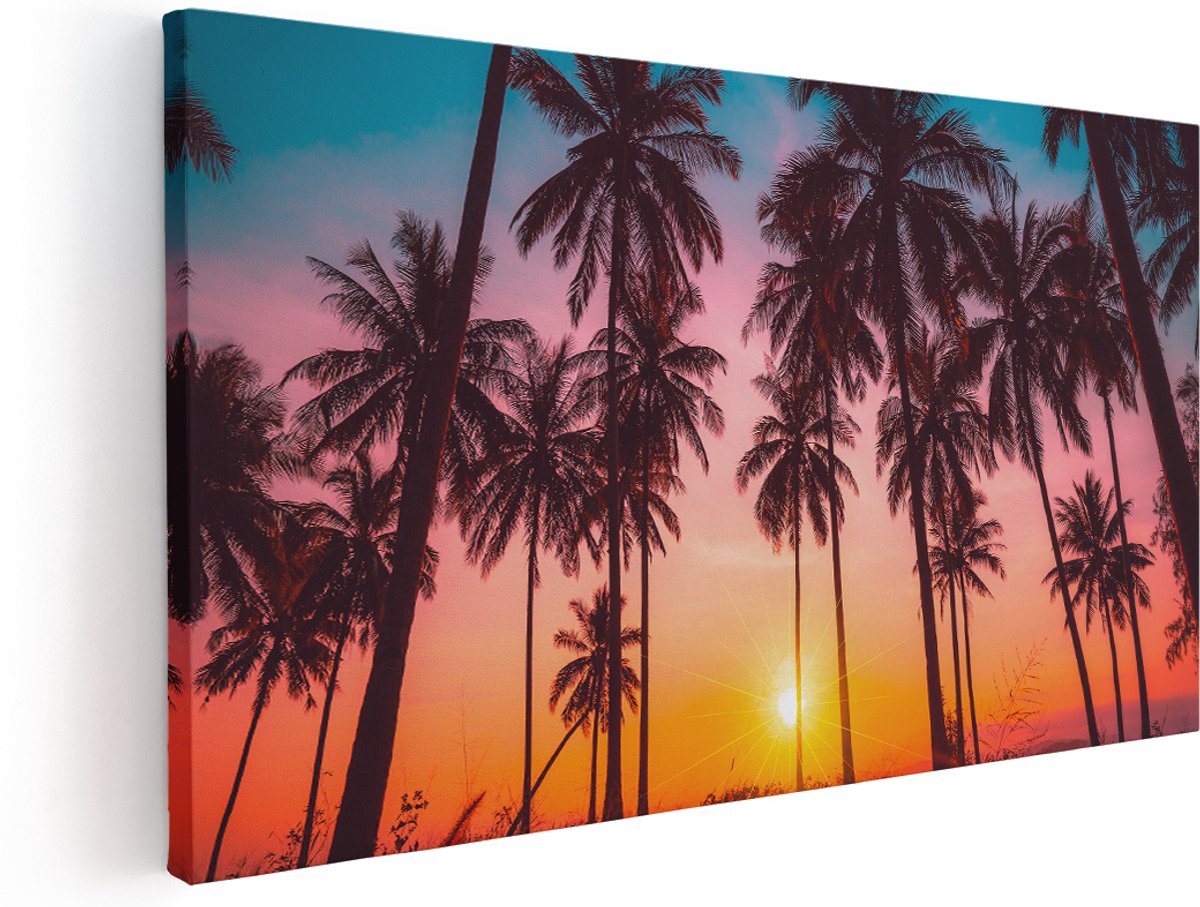 Artaza Canvas Schilderij Palmbomen op het Strand bij Zonsondergang - 140x70 cm - Groot - Wanddecoratie Woonkamer - Schilderijen - Muurdecoratie