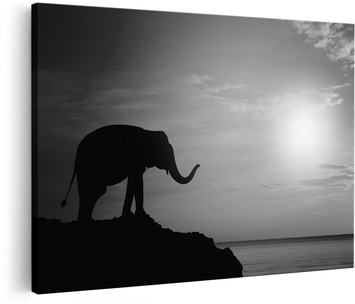 Artaza Canvas Schilderij Olifant op een Rots aan de Zee bij Zonsondergang - Zwart Wit - 150x100 cm - Groot - Foto Op Canvas - Wanddecoratie