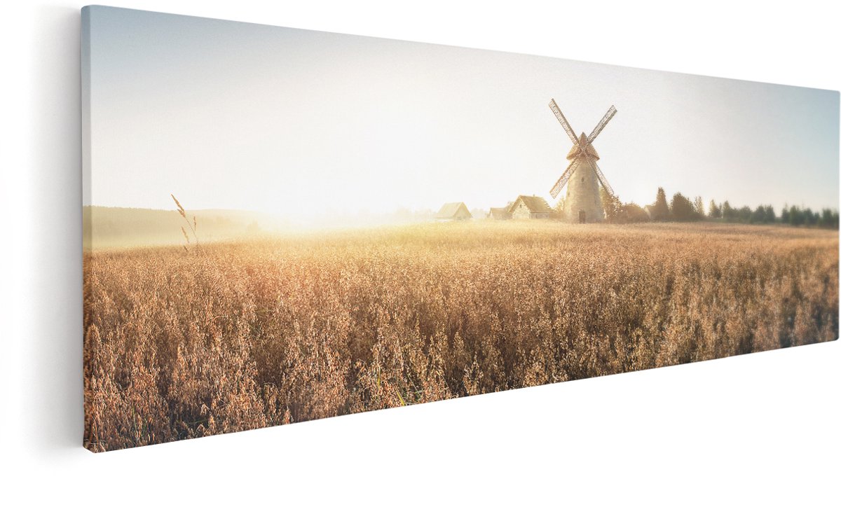 Artaza Canvas Schilderij Windmolen in het Veld - 150x50 cm - Groot - Wanddecoratie Woonkamer - Schilderijen - Muurdecoratie