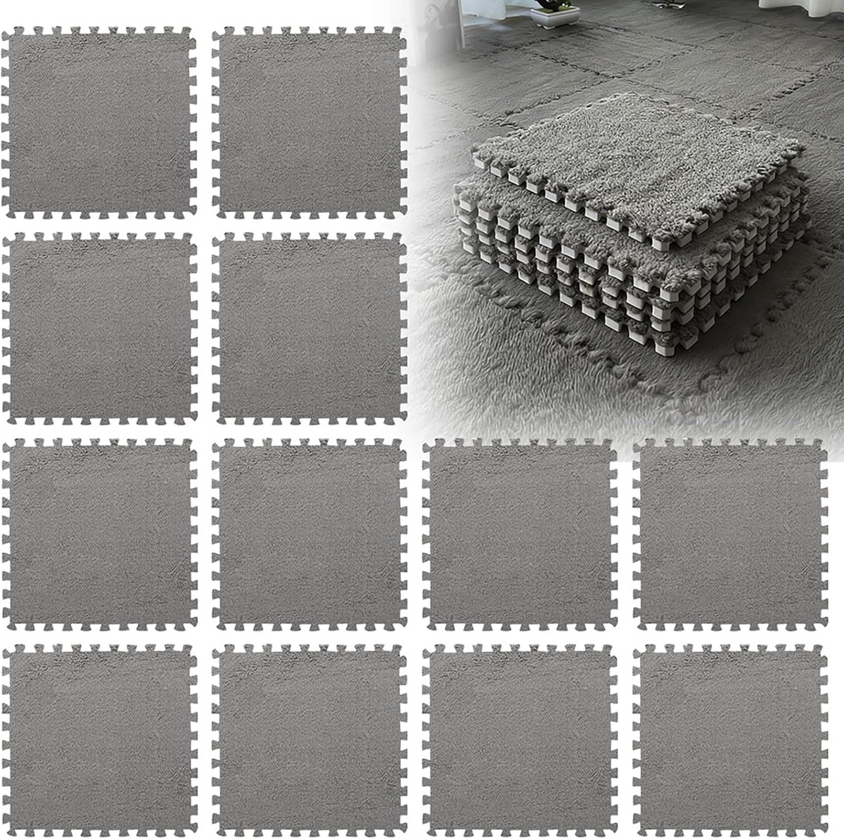Foam puzzelmatten 12-delig - 30 x 30 cm - Grijs pluche - Comfortabele speelvloer voor kinderen - ShopVlot