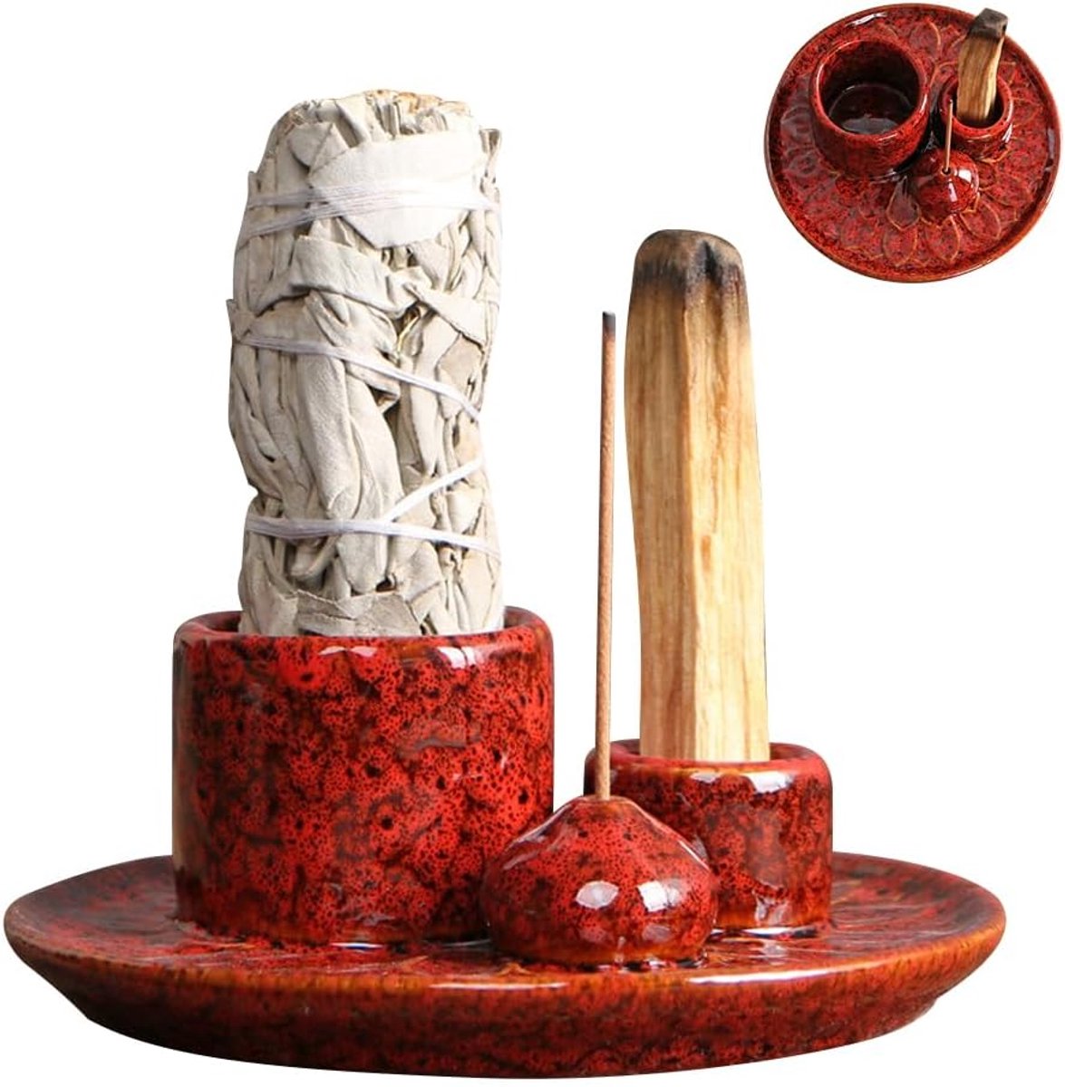 Ceramic wierookhouder 4-in-1 - rood - asvangende schaal - ideaal voor meditatie - ShopVlot