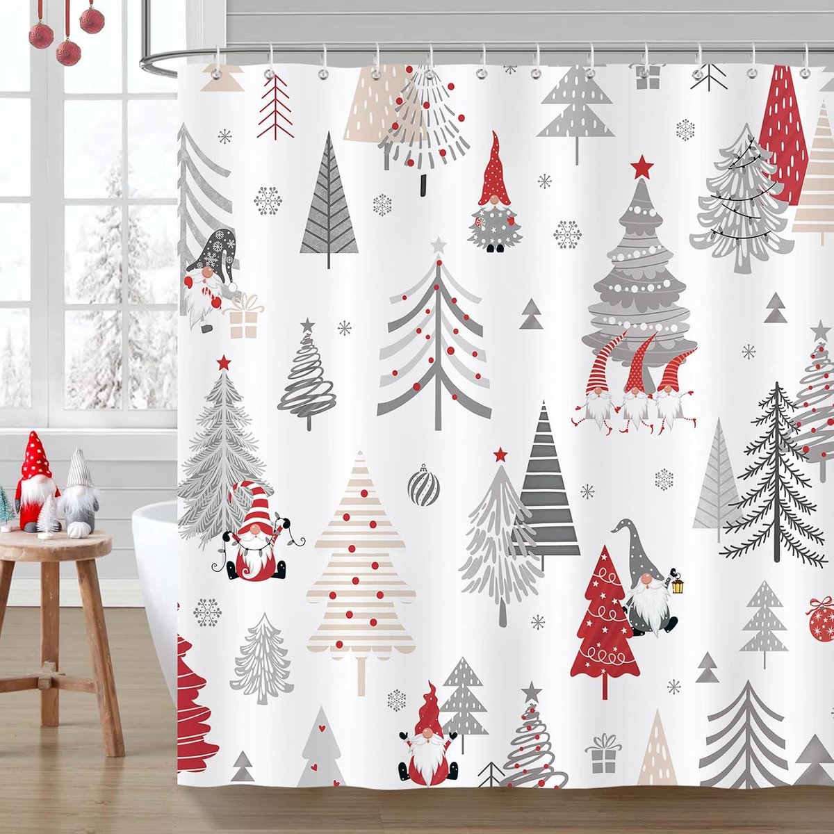 Douchegordijn Kerstboom 180x180cm - Waterdicht polyester - Met kerstgnoom en sneeuwvlokken - ShopVlot