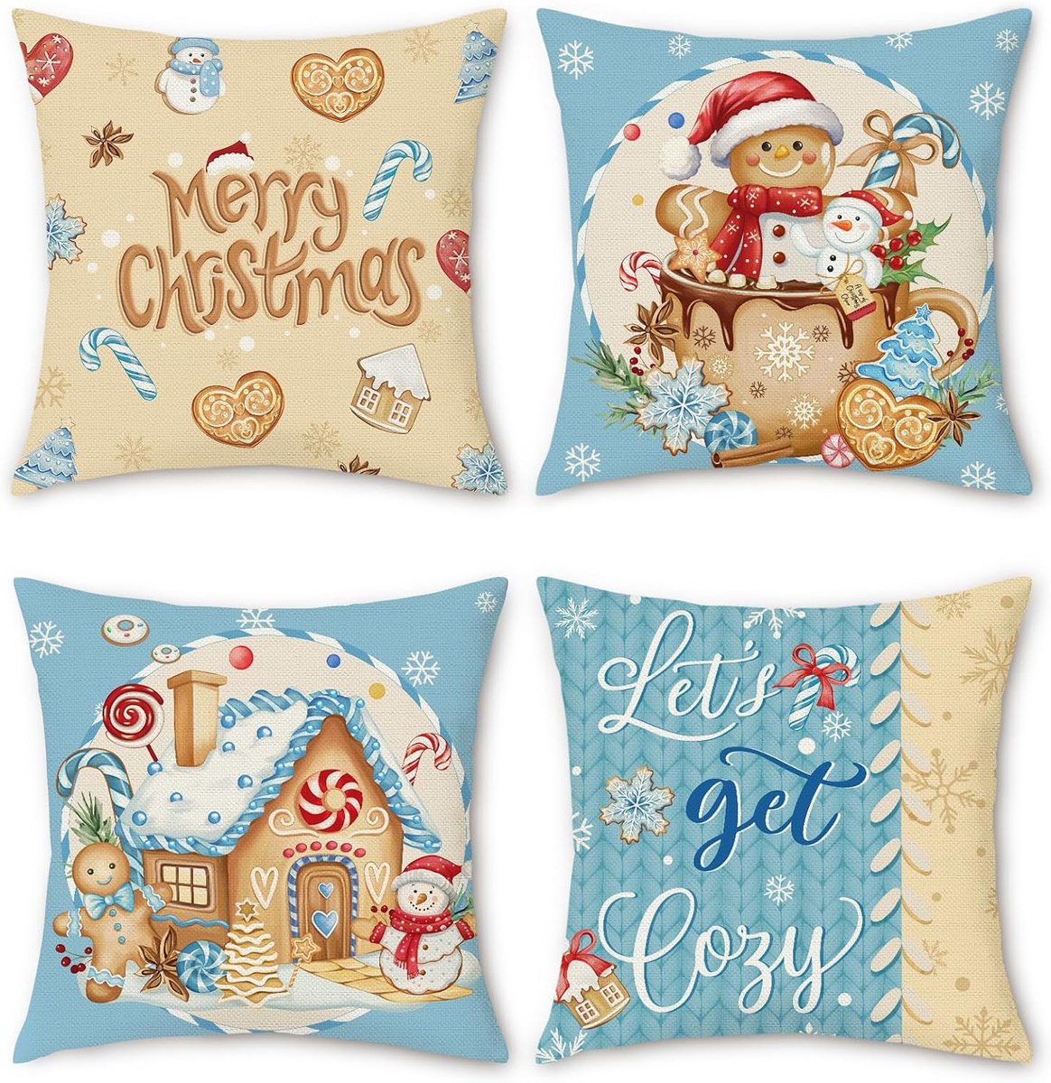 Kussenhoezen 45 x 45cm - Polyester Linnen - Kerst Gingerbread Design - Decoratief voor Sofa en Bed - ShopVlot