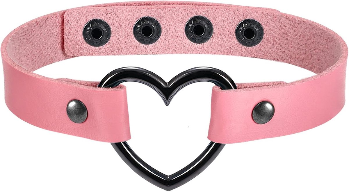Tattoo choker leren halsband - zwart blauw roze rood paars wit zilver - hart gothic punk rock - trendy accessoire - ShopVlot