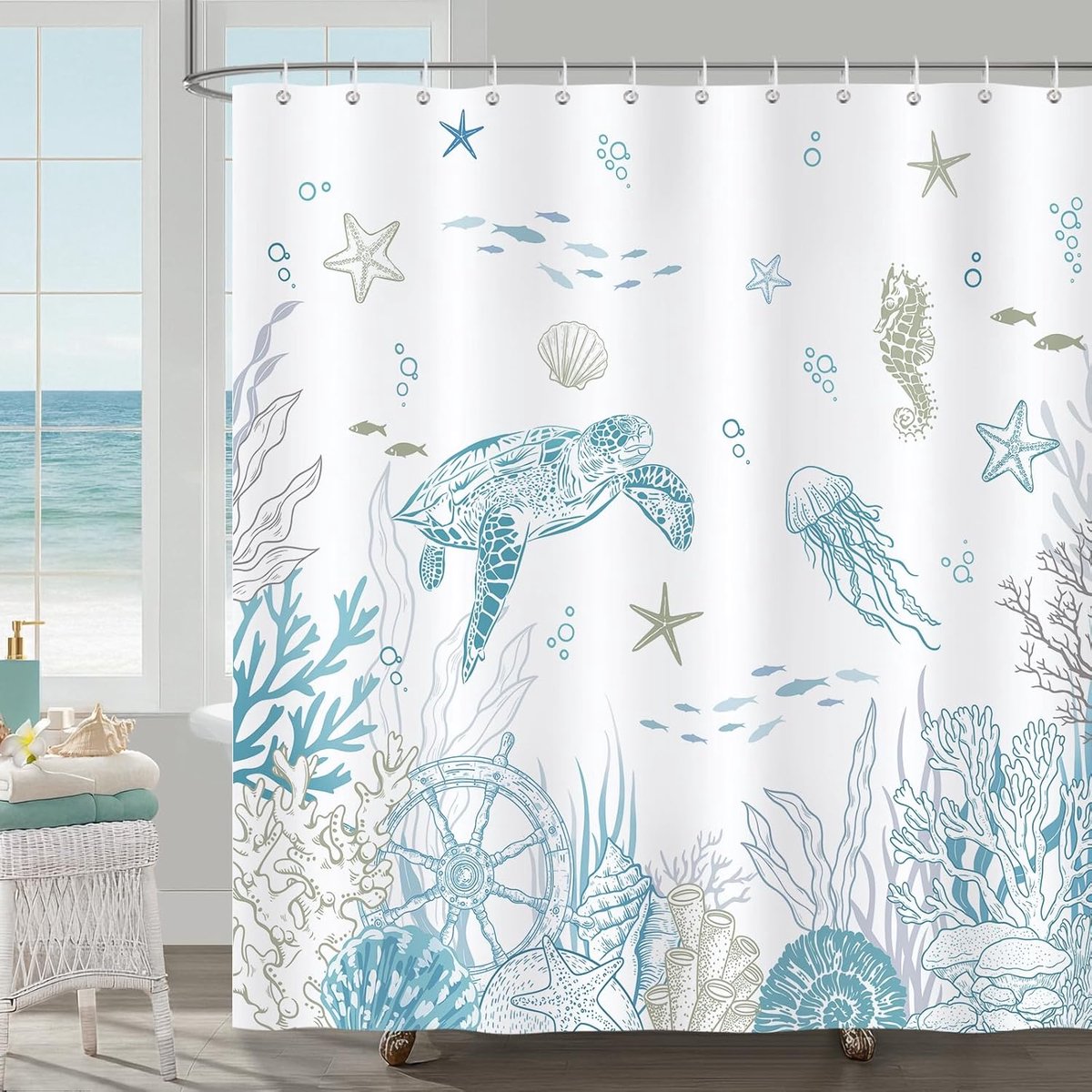 Douchegordijn 182x183cm - Polyester waterdicht - Oceaan thema met zeedieren - Creëer een rustgevende badkamer - ShopVlot