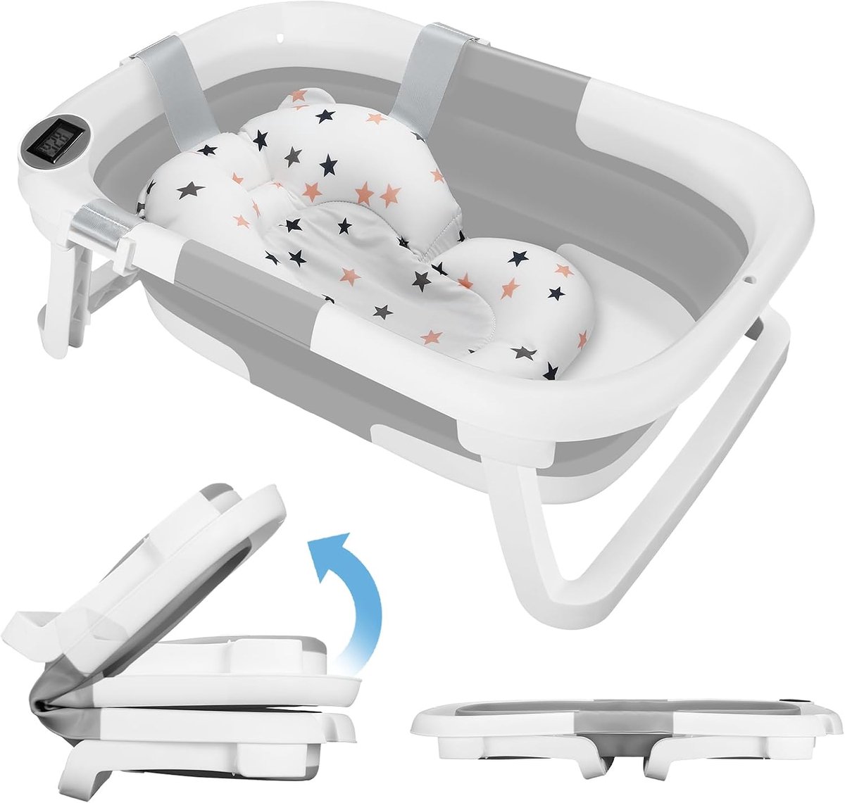 Babytub grote opvouwbare - grijs - met badmat en thermometer - ruimtebesparend voor thuis en onderweg - ShopVlot