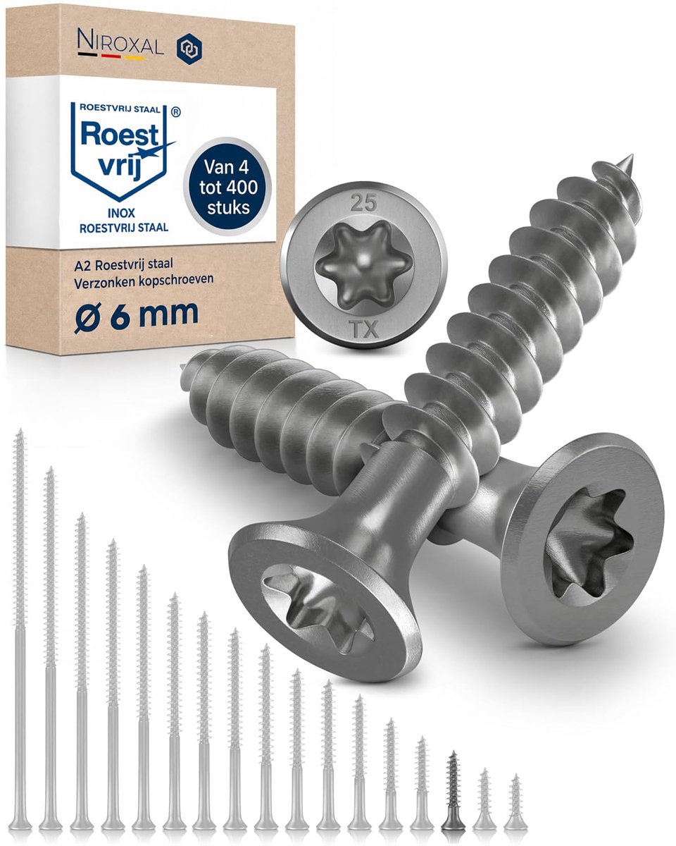 TORX schroeven 6x30 mm - V2A roestvrij staal - verzonken kop - professioneel gebruik - ShopVlot