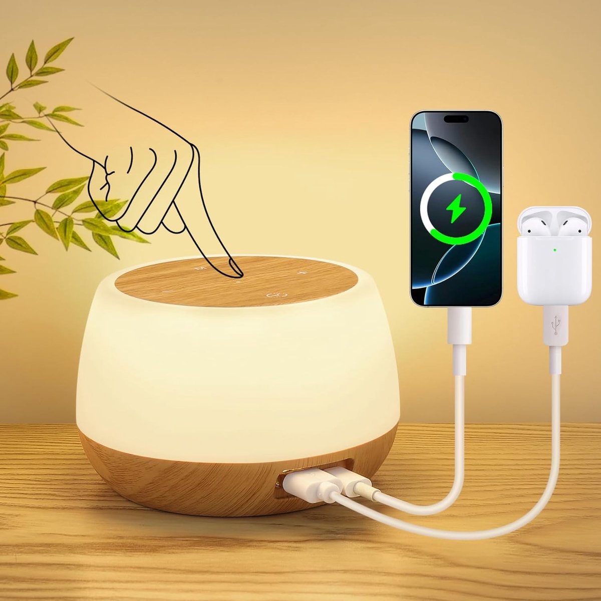Nachtlampje met Oplaadfunctie - Houtkleur - Dimbaar Touch Lamp met 9 Kleuren en 3 Modi - Voor Slaapkamer en Woonkamer
