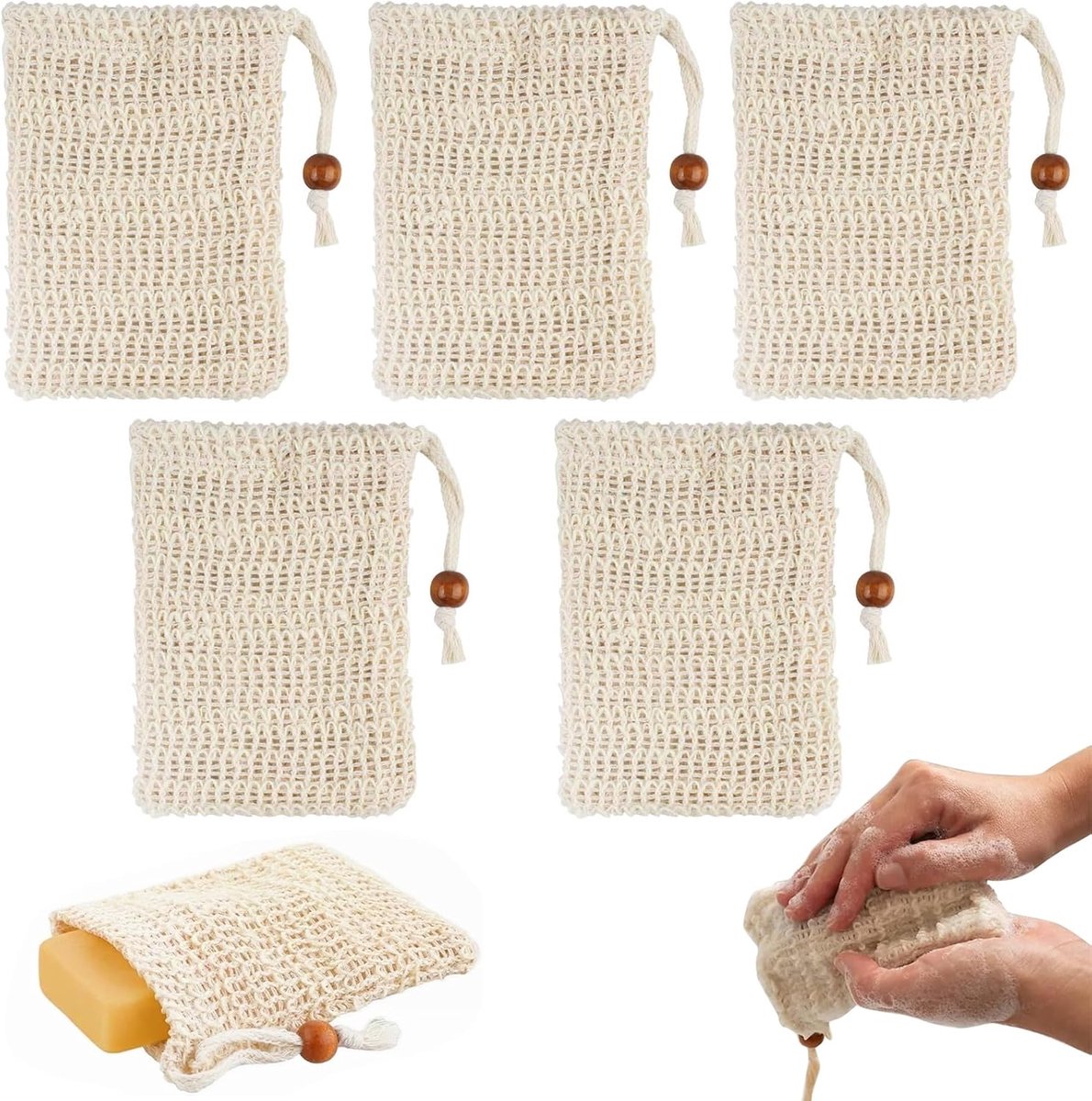 SnelShoppen - Set van 5 Organic Soap Bags, Natuurlijke Sisal, Duurzaam en Veilig, Met Trekkoord, Massage en Exfoliërende Zeepzak voor Vaste Zeep, 9.5