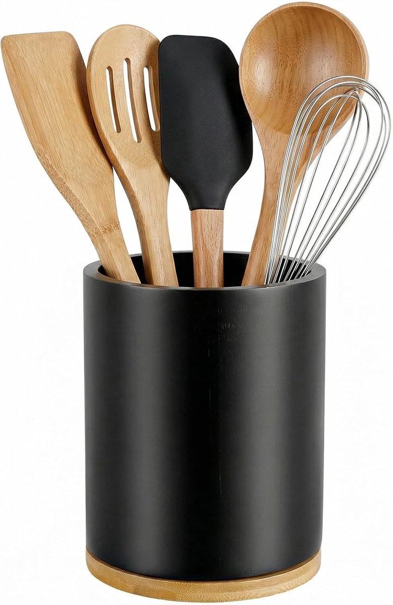 Houder voor Keukengerei - Zwart - 18,5 x 15,5 x 15,5 cm - Draaibare Bamboe Organizer - Voor Keuken
