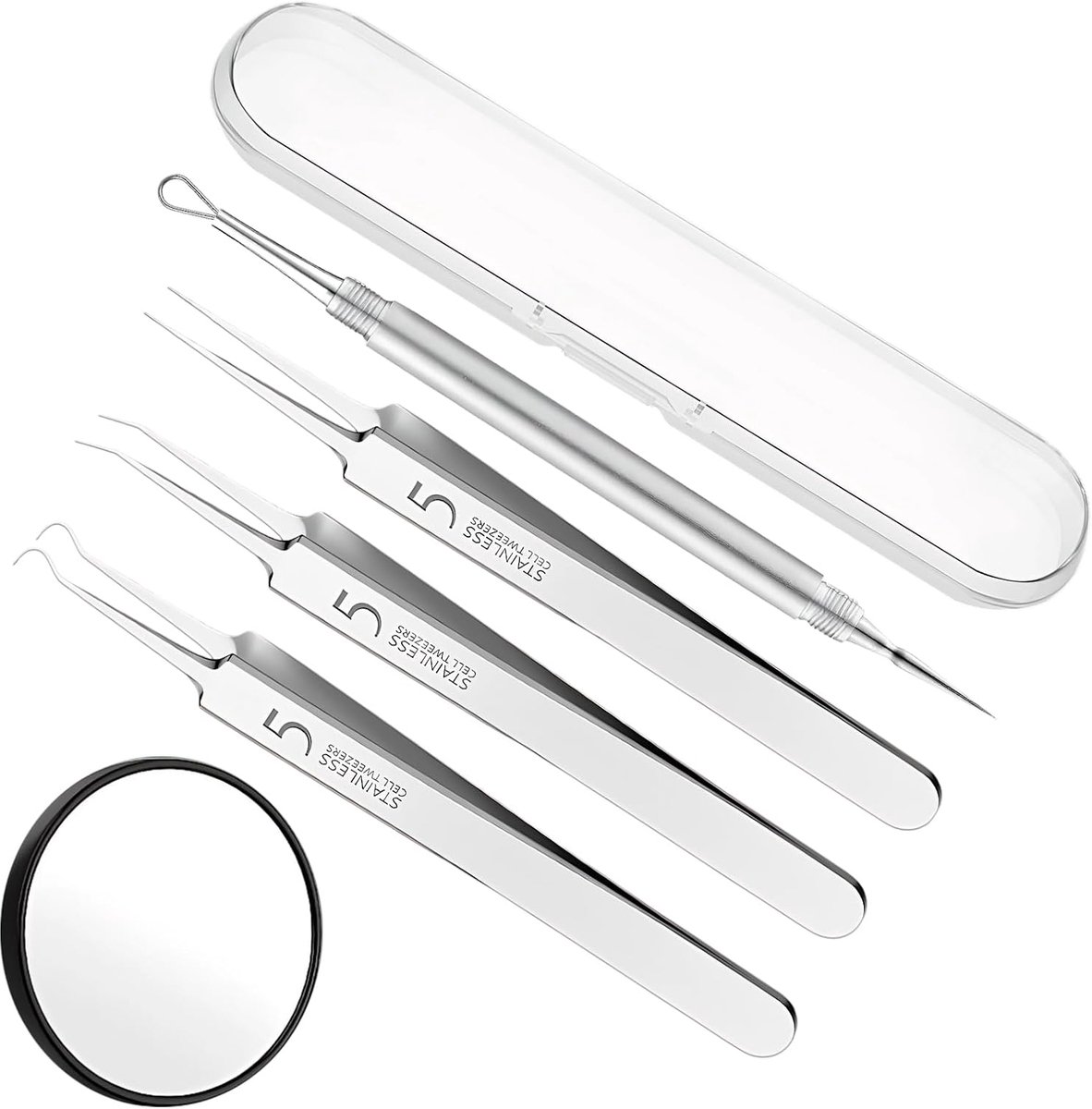 Mee-eterpincetten set - roestvrij staal - 5 stuks - professionele acneverwijderaar - ShopVlot
