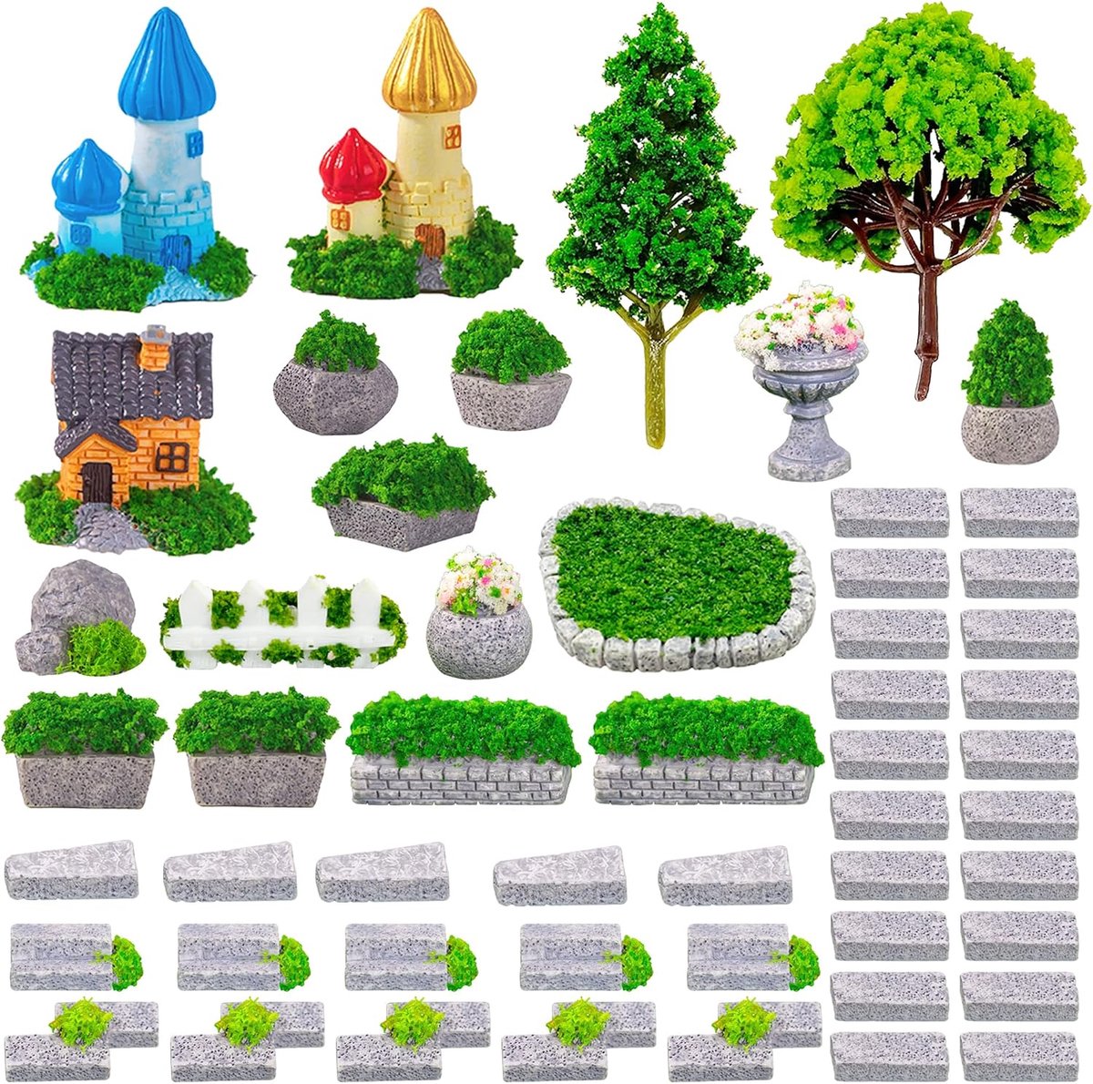 Miniatuur tuinaccessoires set - 53 stuks - plastic - ideaal voor miniatuurtuinen - ShopVlot
