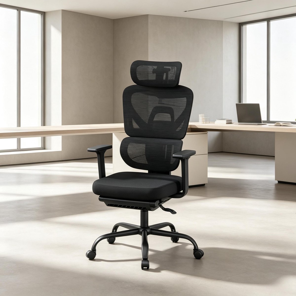 OKWISH Bureaustoel - Ergonomische Draaistoel met Hoofdsteun en Verstelbare Armleuningen - Voor Thuiswerken en Spelen - Gaas - Zwart