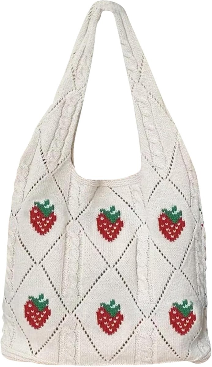 Strandtas grote vintage schoudertas - mesh breibag - aardbeien ontwerp - perfect voor strand en dagelijks gebruik - ShopVlot