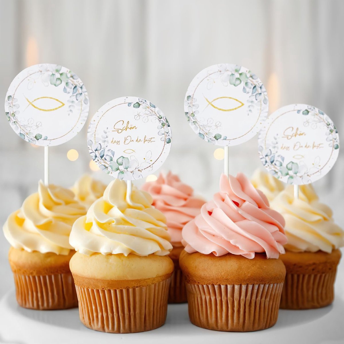 Cupcake toppers 48 stuks - Eucalyptus en bloemen - Gouden accenten - Perfect voor babydoopfeesten - ShopVlot
