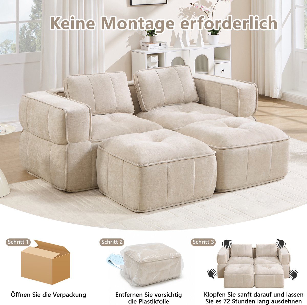 OKWISH Zitbank 2-Zits Met 2 Hockers - Modulaire Bank Met Brede Armleuningen En 32D Schuim - Voor Woonkamer - Polyester - Beige
