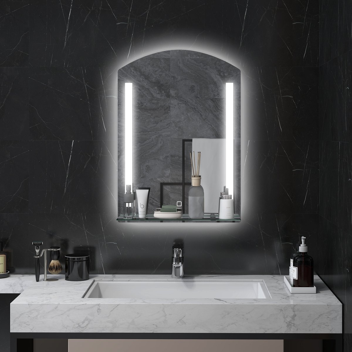 Badkamerspiegel Met Ledverlichting, 3 Lichtkleuren, Touchschakelaar En Geheugenfunctie, 50 X 70 Cm, Aluminium, Zilver, Wandspiegel Met Glasplank