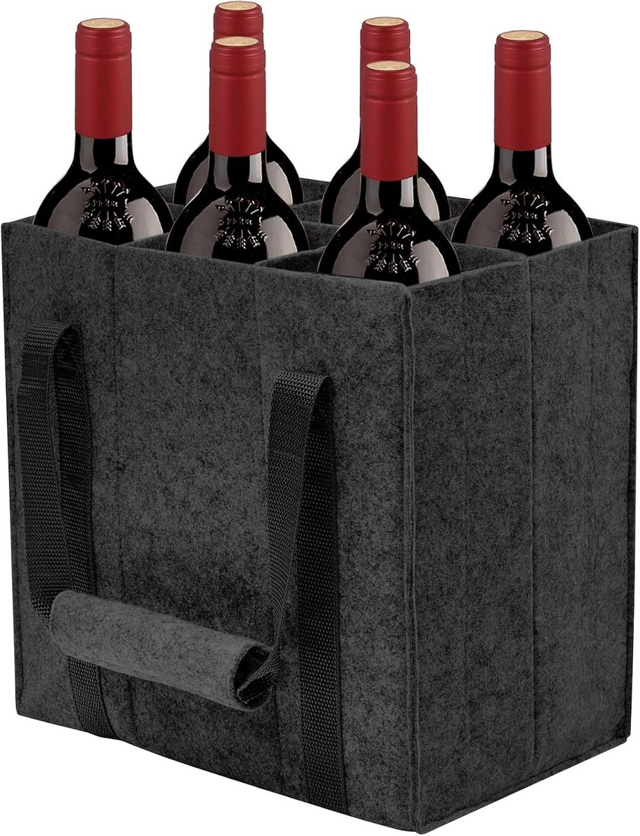 Flessentas - Zwart - 25 x 15 x 28 cm - Hoogwaardig Vilt met 6 Vakken - Voor Wijn, Bier en Dranken
