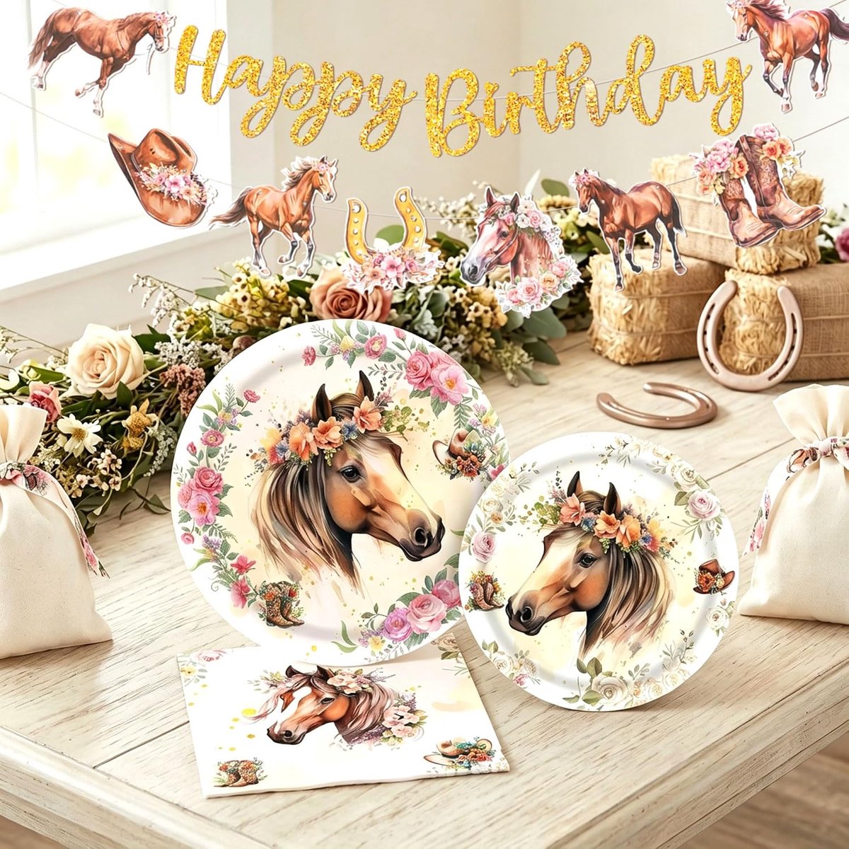 paarden verjaardagsdecoratie banier paarden verjaardagsfeest servies ruimte - ShopVlot