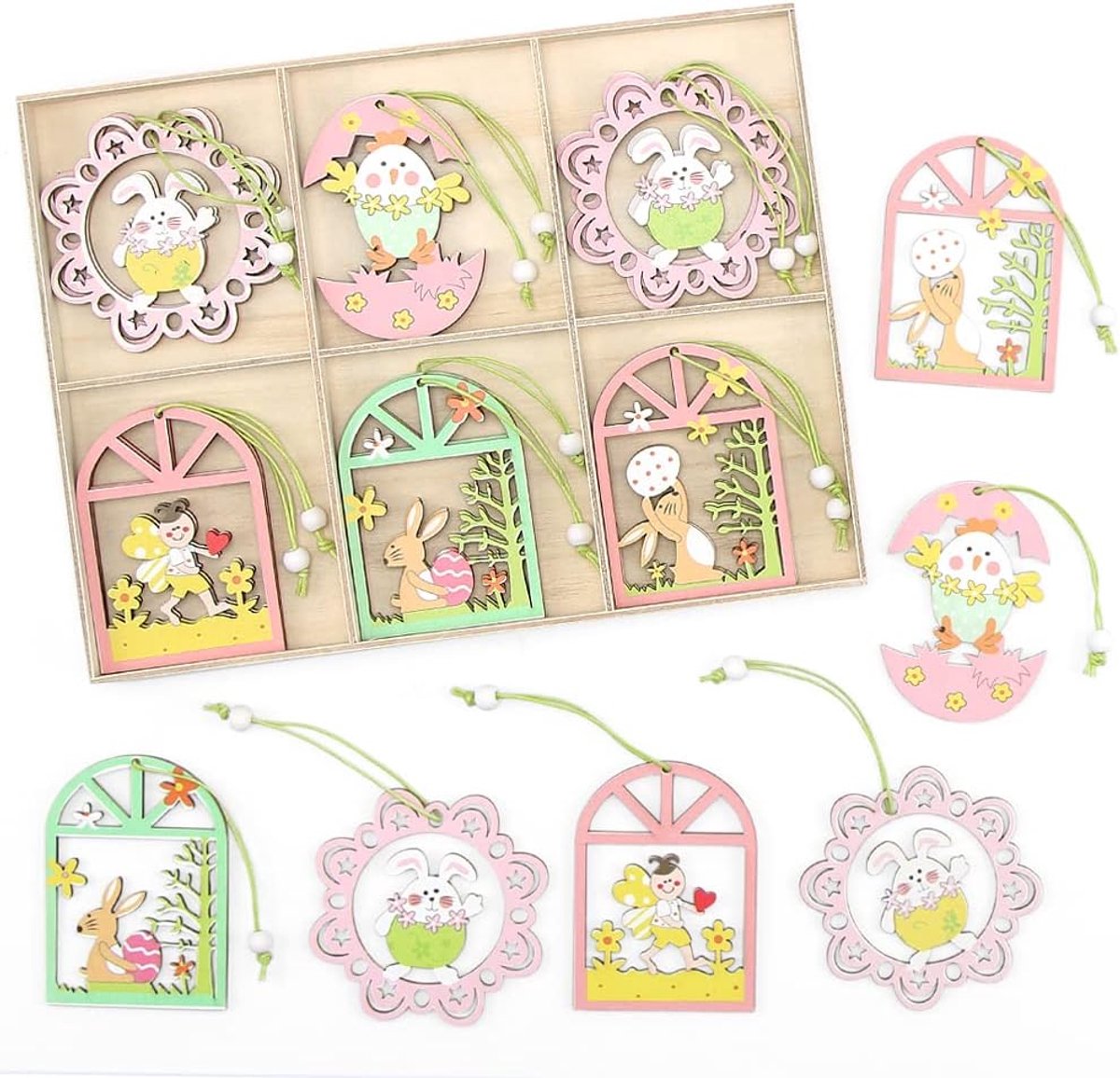 Bluelves Easter Decoration Wood 18 Pieces Easter Decoration Hanging Easter Bunny Pendant Easter Decoration Hanging - ShopVlot