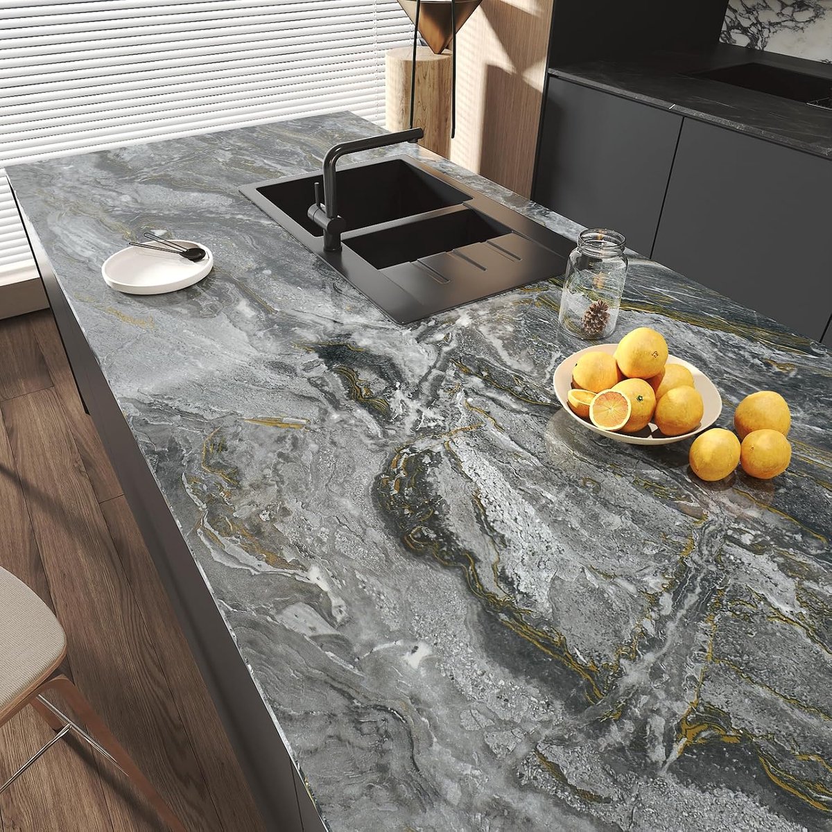Yenhome Zelfklevend behang, marmer, donkergrijs, met goud, 60 x 300 cm, waterdicht, pvc, muursticker, marmereffect - ShopVlot