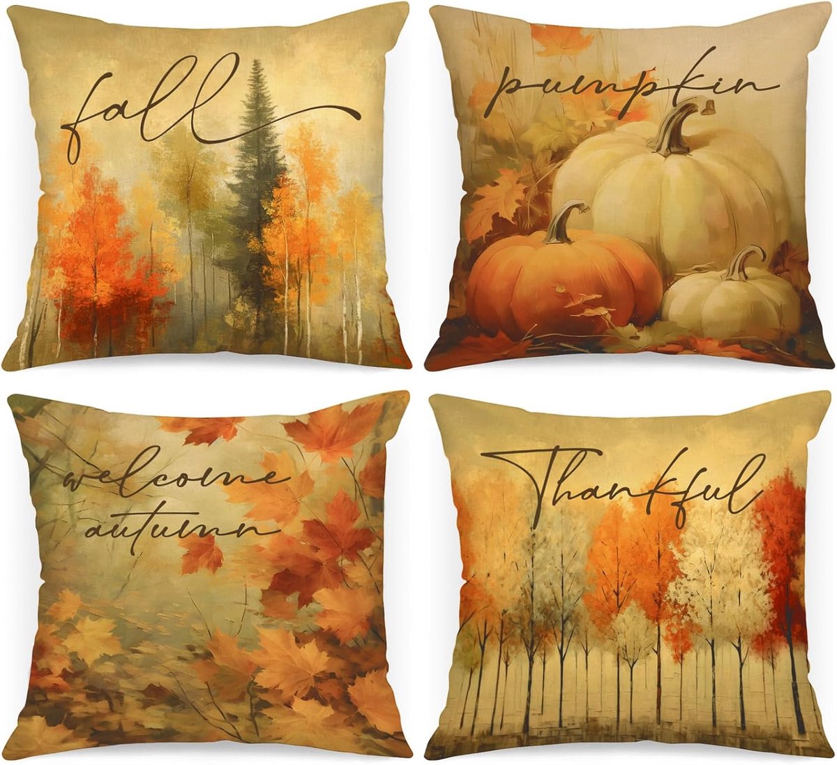 Benjia Autumn Cushion Covers 40x40cm Set of 4 Watercolor Pumpkin Forest Decorative Holiday Pillow Covers for Throw - ShopVlot