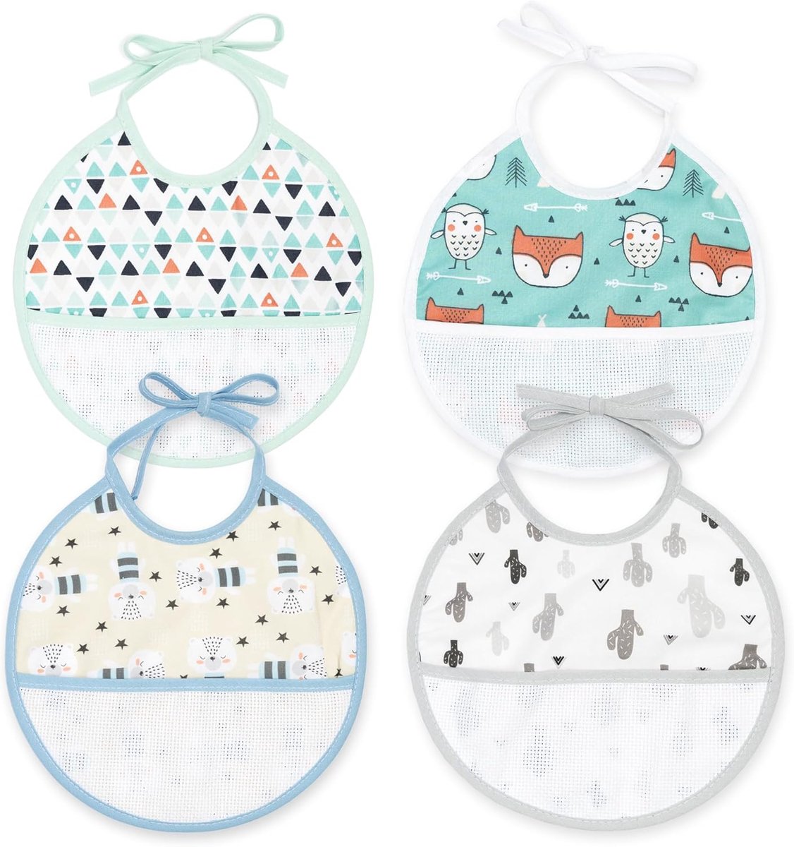 Ti TIN 4-pack cross stitch bibs made of 100% cotton with very soft feel, different patterns, 19 x 19 cm - ShopVlot