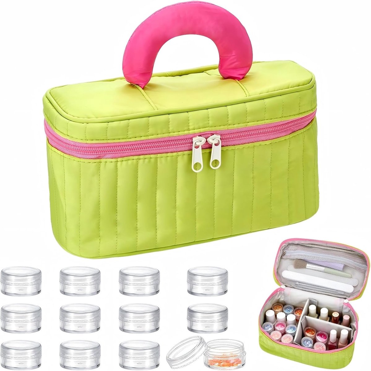 1 x nagellakorganizer, voor 24 flessen (15 ml), make-uptas van polyester met handvat, 12 stuks, plastic crèmepotjes - ShopVlot