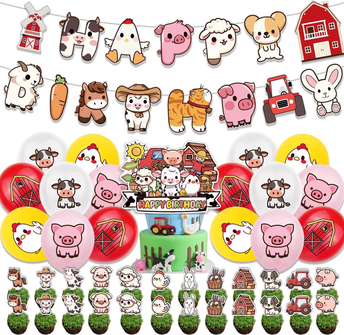 Farm animal themed decoration set with farm animal motifs, specially designed for children's birthdays, including - ShopVlot